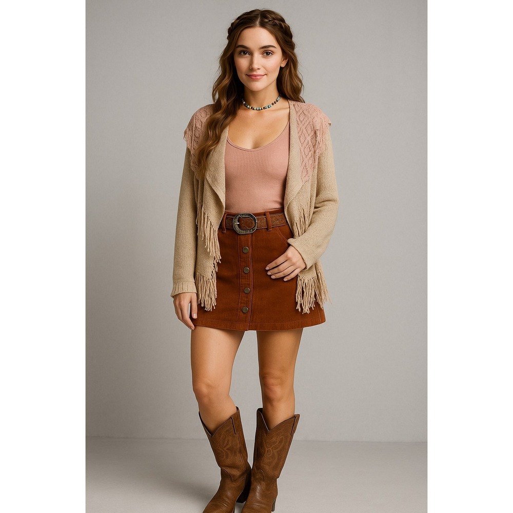 Double Zero Cardigan Womens L Western Boho Fringe Lace Rodeo Cowgirl Mixed Media